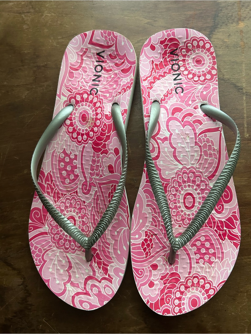 Vionic Pink Floral Sandals with Gray Straps